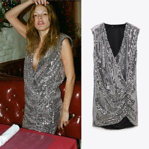 Zara Silver Draped Sequin Mini Dress L NWT